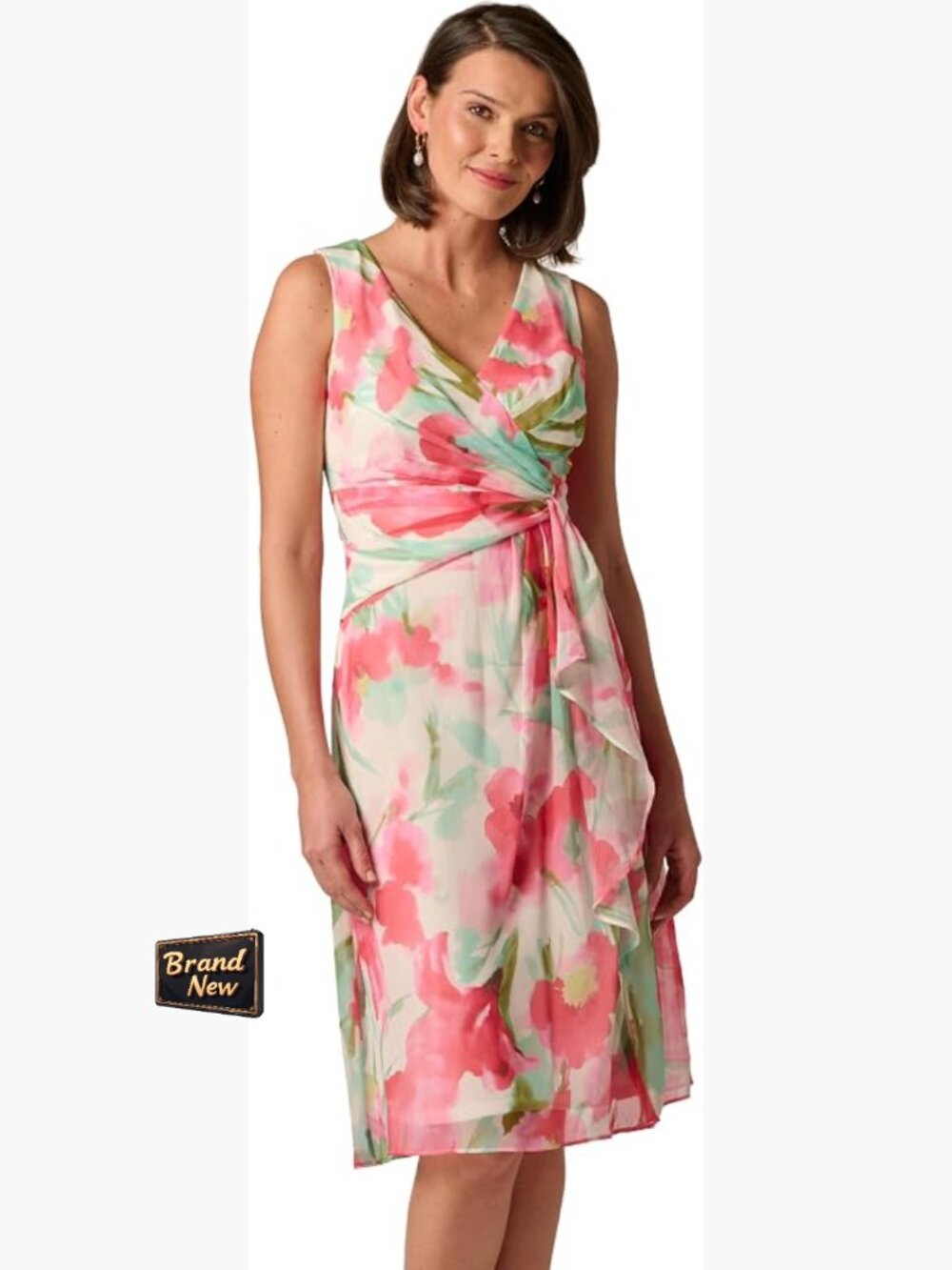 Draped Chiffon Midi Dress with Floral Print & V-Neck